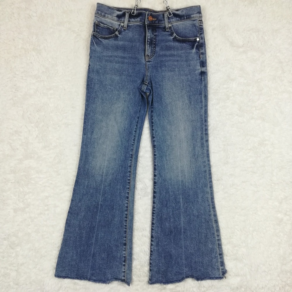 Express Womens Jeans 70's Flare Blue Denim Mid Rise Raw Hem Medium Wash Short 6S